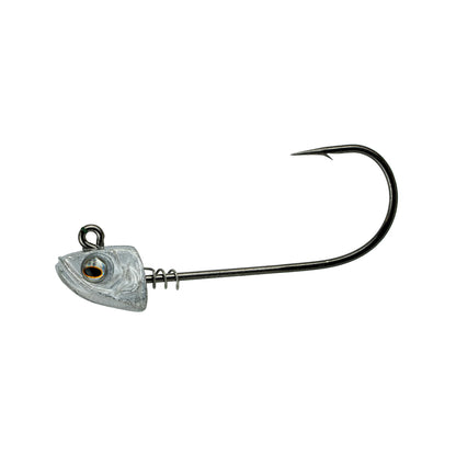 The 6th Sense Divine Swimbait Jig Head by 6th Sense features a fish head design, detailed eye, Mustad Hook, and a ScrewLock bait keeper coil to secure your bait.