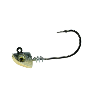 The 6th Sense Divine Swimbait Jig Head features a fish-shaped silver and beige head, realistic eye, Mustad Hook, and ScrewLock bait keeper for secure soft bait attachment.