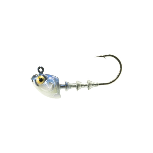 The 6th Sense Finesse Swimbait Jig Head by 6th Sense features a fish-shaped head, realistic yellow eyes, silver accents, and a sharp black nickel hook.