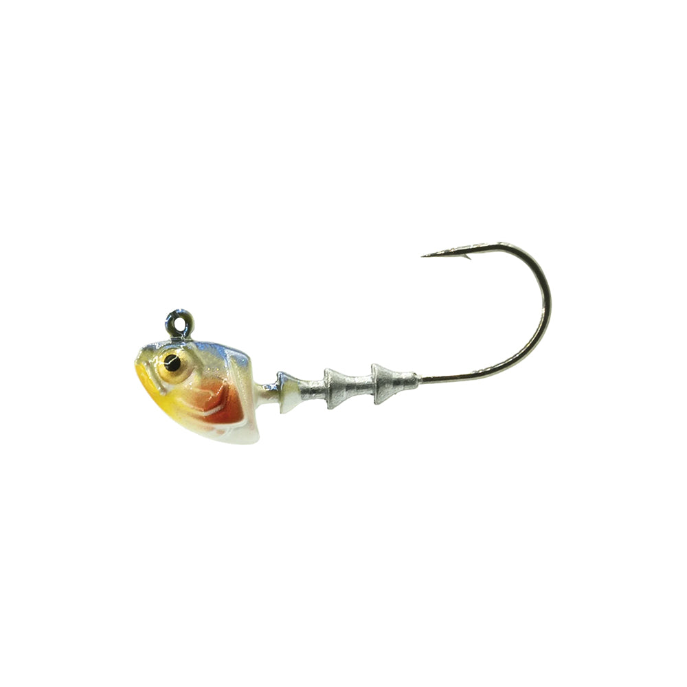 The 6th Sense Finesse Swimbait Jig Head by 6th Sense features a 3D head design, painted eyes, gill details, black nickel hook, and ribbed shank for secure bait attachment.