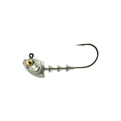 The 6th Sense Finesse Swimbait Jig Head by 6th Sense features a fish skeleton shape, ribbed body, 3D head with a large yellow eye, and a curved black nickel hook for finesse swimbait presentations.