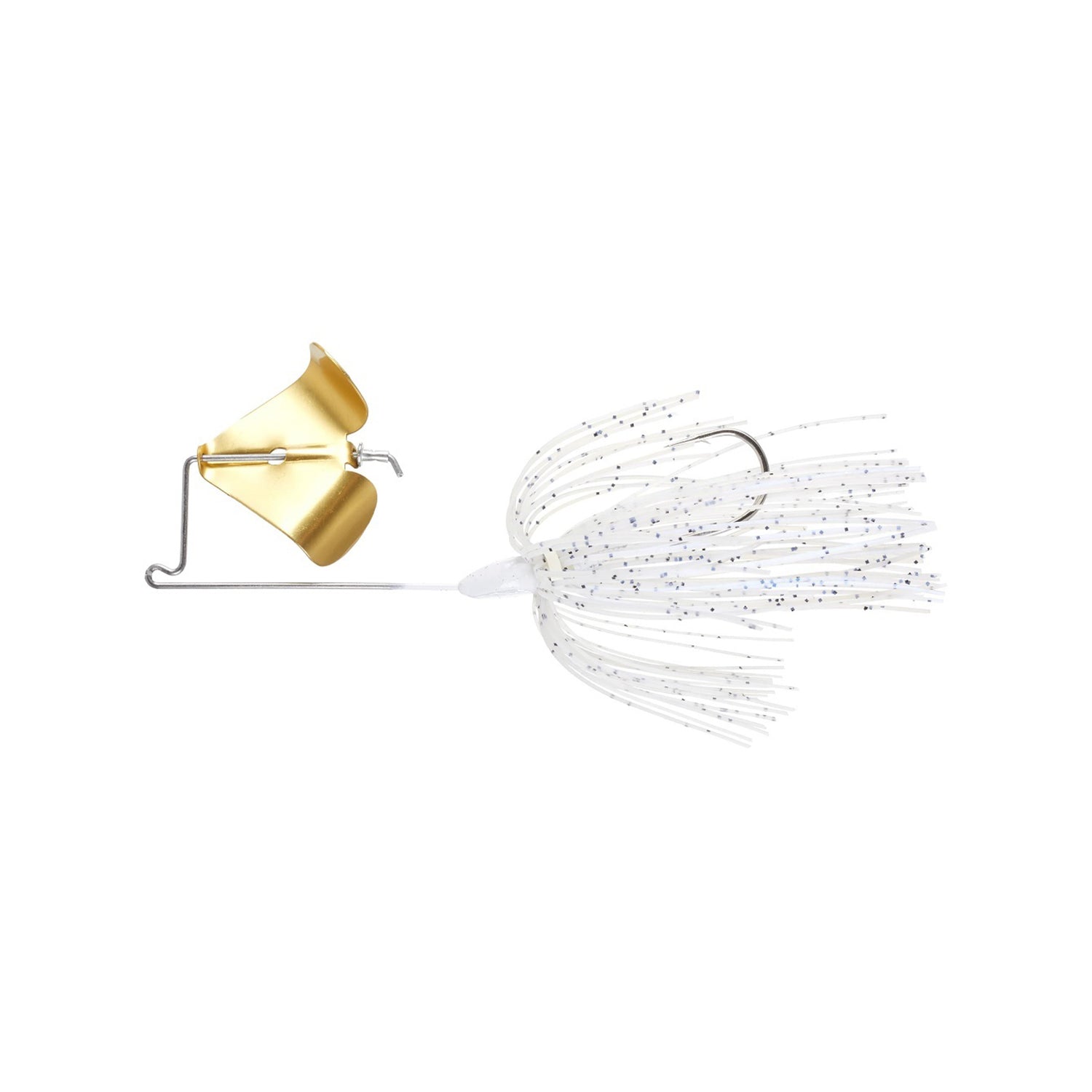 The Accent Jacob Wheeler Finesse Buzzbait features a gold angled metal blade, wire frame, and a white skirt with silver flecks and a hook, standing out against a white background.