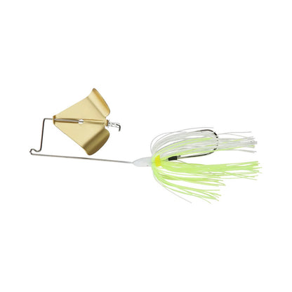 The Accent Jacob Wheeler Finesse Buzzbait features a gold metal blade, white and chartreuse skirt, and wire frame—expertly designed by Accent to attract fish.
