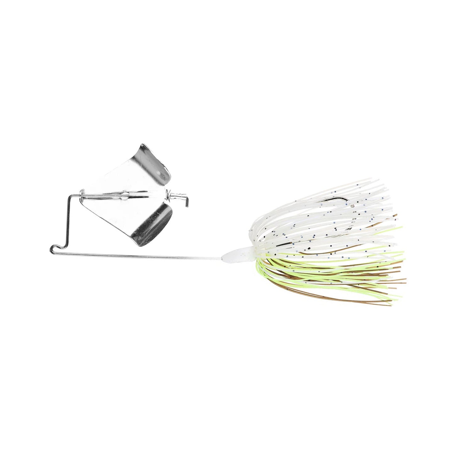 The Accent Jacob Wheeler Finesse Buzzbait is a silver and white fishing bait with a metal blade, wire frame, and a skirt of thin white, yellow, and brown strands featuring black speckles.