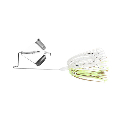 The Accent Jacob Wheeler Finesse Buzzbait is a silver and white fishing bait with a metal blade, wire frame, and a skirt of thin white, yellow, and brown strands featuring black speckles.