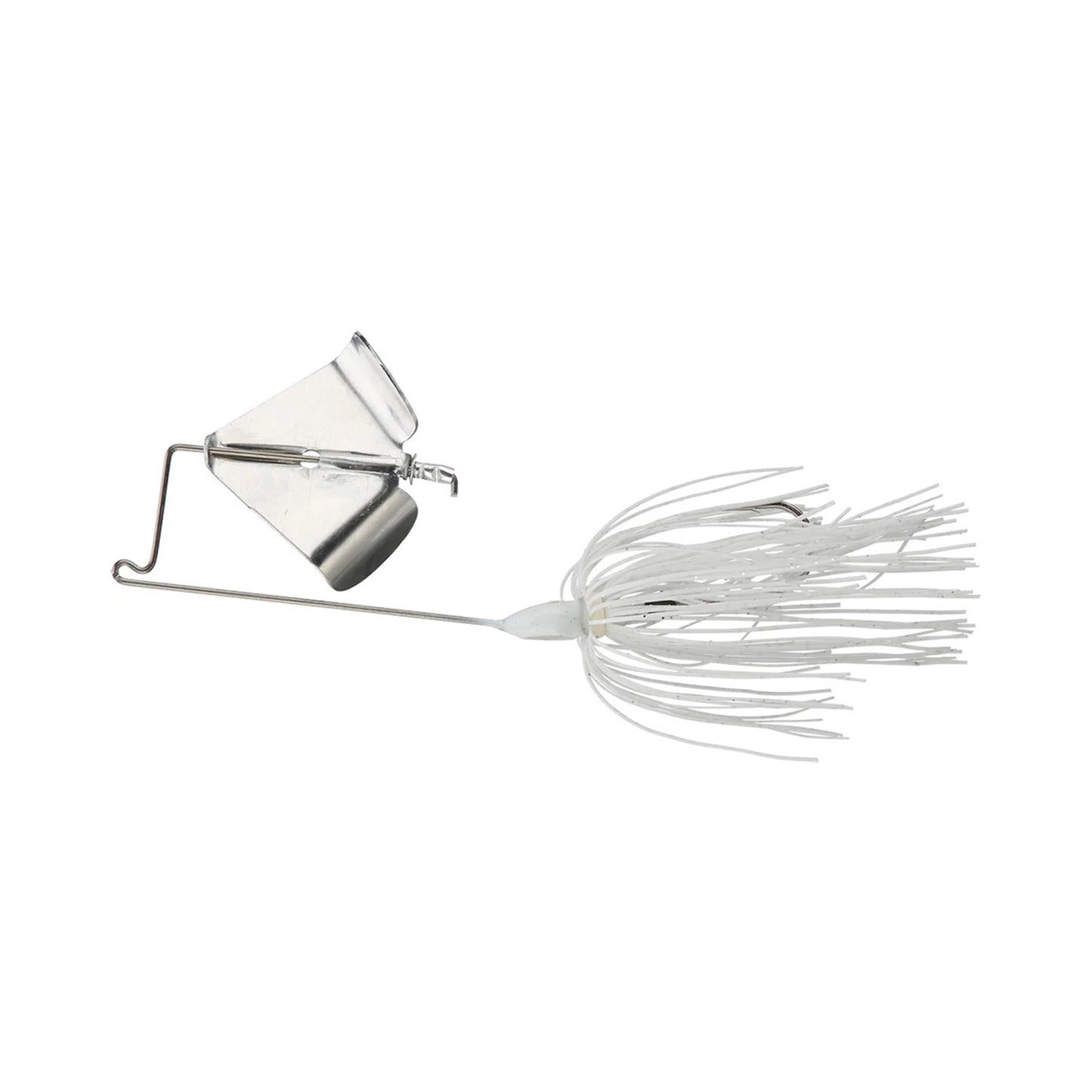 The Accent Jacob Wheeler Original Buzzbait features a metal blade, wire arm, and white skirt strands designed to attract fish—ideal for bass fishing.