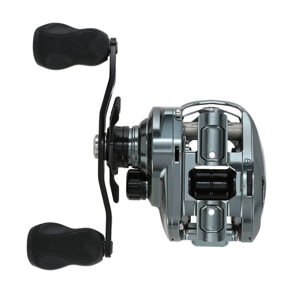 A close-up of the Bates Fishing Co. Hundo'50 Casting Reel 6.3:1 RH, a silver and black baitcasting reel with dual handles, photographed against a white background.