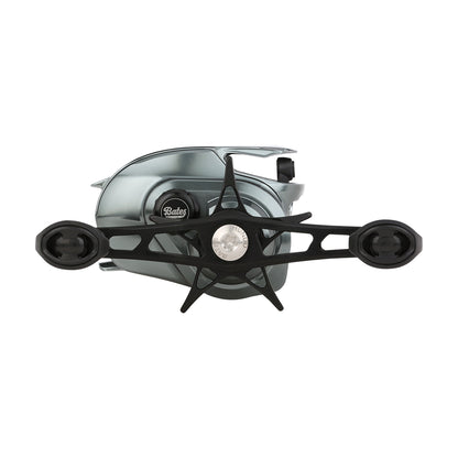 A close-up of the Bates Fishing Co. Hundo'50 Casting Reel 6.3:1 RH, featuring a metallic finish, black handle, and two silver knobs, shown from the front on a white background.