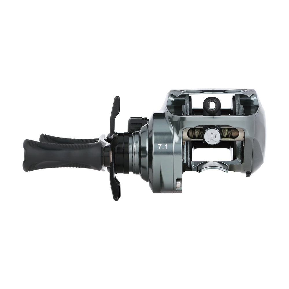 A close-up of the Bates Fishing Co. Hundo'50 Casting Reel 6.3:1 RH (BRH50RH631) shows its gray finish, dual black handles, visible gears, and adjustment knobs against a white background.