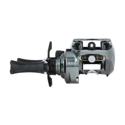 A close-up of the Bates Fishing Co. Hundo'50 Casting Reel 6.3:1 RH (BRH50RH631) shows its gray finish, dual black handles, visible gears, and adjustment knobs against a white background.