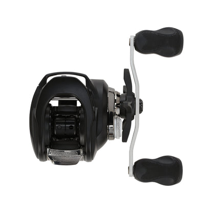 A black Bates Fishing Co. EDC 100 Casting Reel 7.1:1 RH with a lightweight aluminum frame and two ergonomic handles, seen from above on a white background.