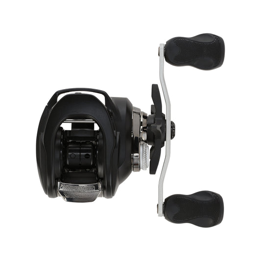 A black Bates Fishing Co. EDC 100 Casting Reel 7.1:1 RH with a lightweight aluminum frame and two ergonomic handles, seen from above on a white background.