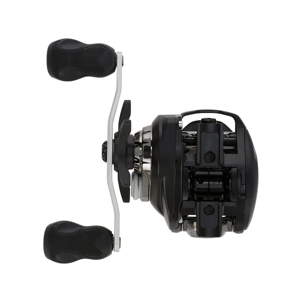 A Bates Fishing Co. EDC 100 Casting Reel 7.1:1 RH (BREDC100RH711) in black, featuring two textured handles, metal components, and a sleek modern design, shown side view.
