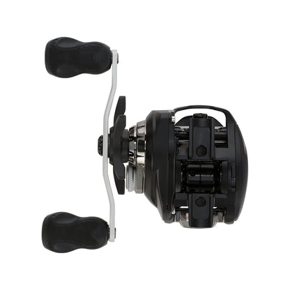 A Bates Fishing Co. EDC 100 Casting Reel 7.1:1 RH (BREDC100RH711) in black, featuring two textured handles, metal components, and a sleek modern design, shown side view.
