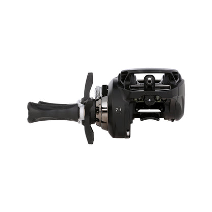 The Bates Fishing Co. EDC 100 Casting Reel 7.1:1 RH features a visible handle, spool, gear marking "7.1," and a digitally assisted brake system for precise casting control, shown in black against a white background.