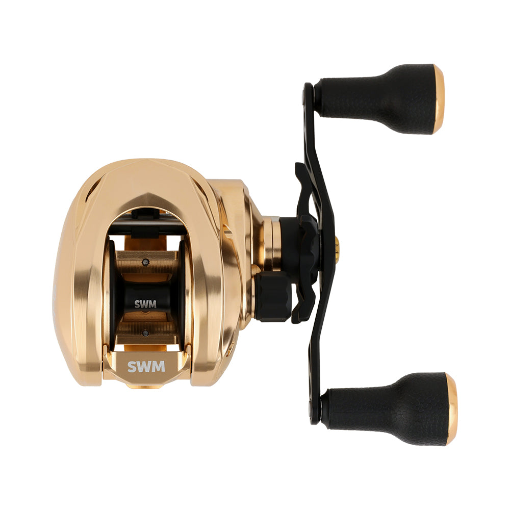 The Bates Fishing Co. GOAT SWM LE Knox Gold Casting Reel 5.2:1 RH features CNC machined aluminum, black dual handles, exposed inner gears, and "SWM" labeling—making it a dependable swim bait reel.