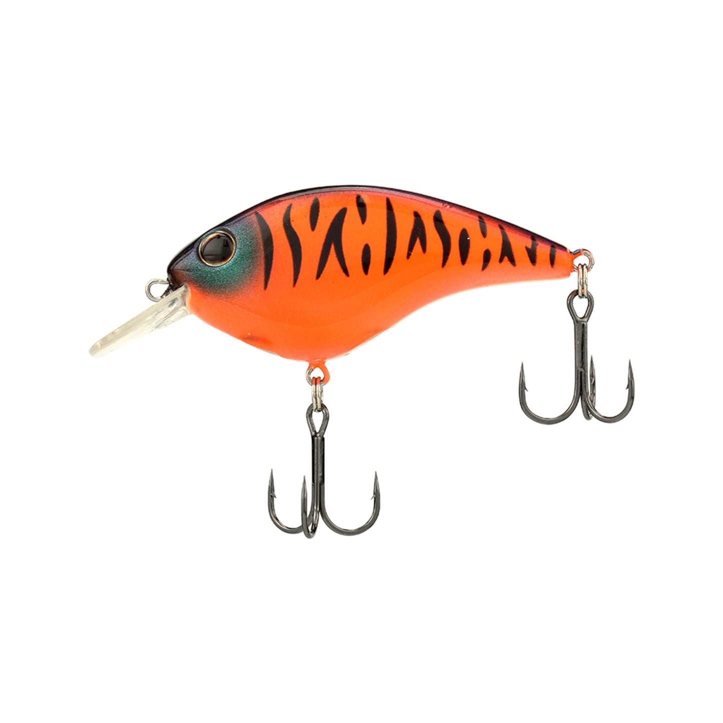 The Berkley Clickin' Frittside Crankbait features a bright orange body with black stripes, large eye, two treble hooks, and a small clear lip—perfect for stained water fishing.