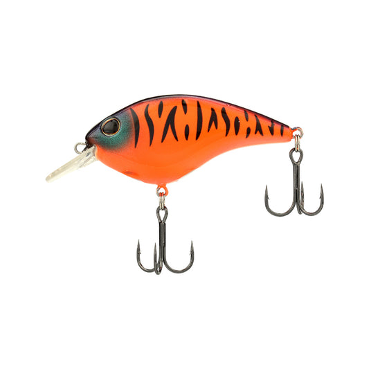 The Berkley Clickin' Frittside Crankbait features a bright orange body with black stripes, large eye, two treble hooks, and a small clear lip—perfect for stained water fishing.