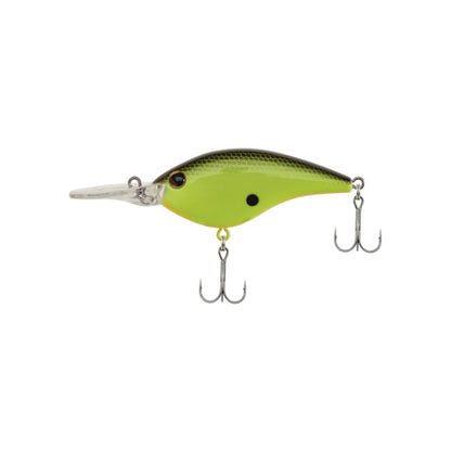 The Berkley Clickin' Frittside Crankbait features a bright yellow and green body, black top, small side dot, clear lip, and two silver treble hooks—ideal for stained water with its irresistible balsa action.