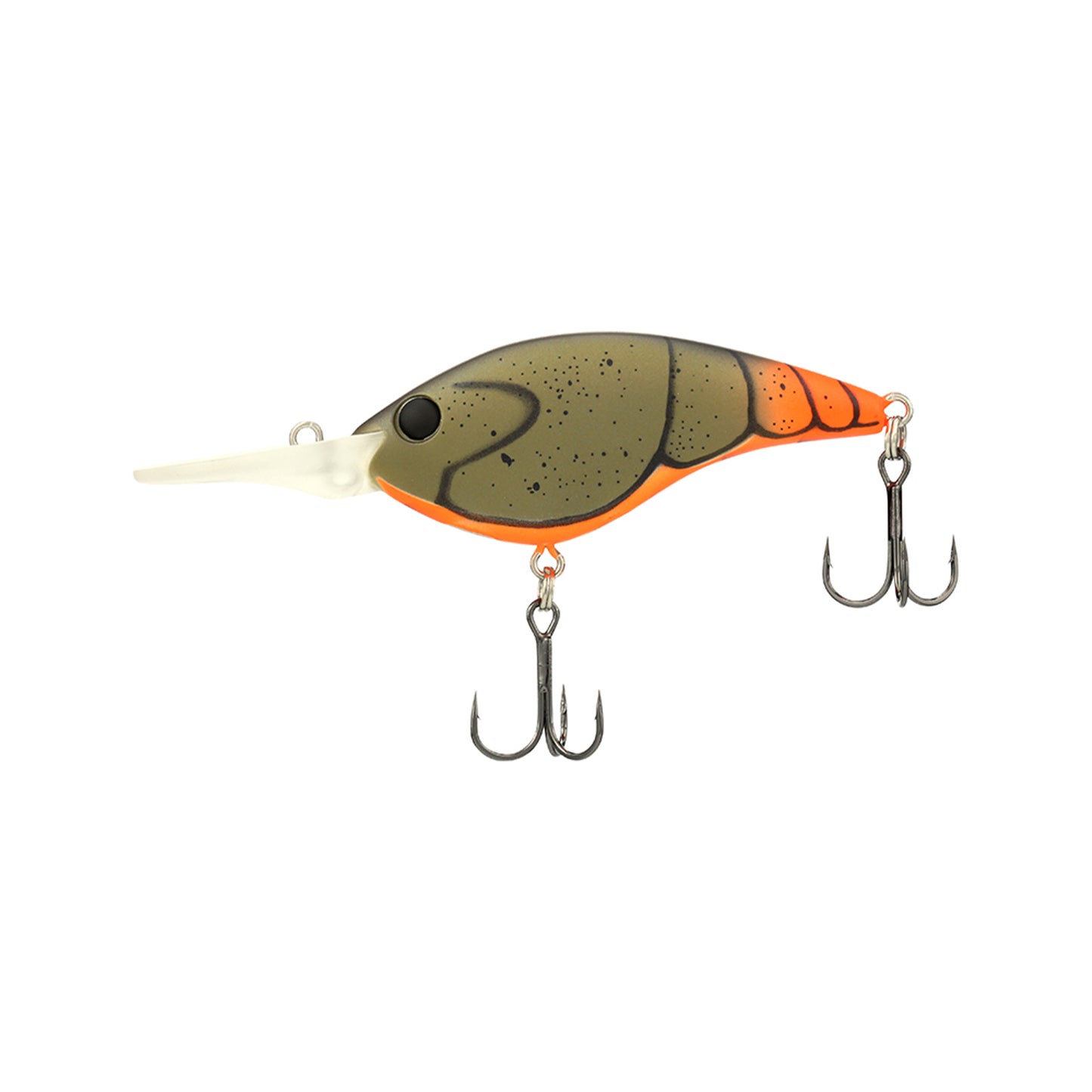 The Berkley Clickin' Frittside Crankbait by Berkley features a segmented brown and orange body, large black eye, long transparent bill, and two treble hooks—ideal for stained water fishing.