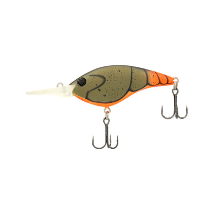 The Berkley Clickin' Frittside Crankbait by Berkley features a segmented brown and orange body, large black eye, long transparent bill, and two treble hooks—ideal for stained water fishing.