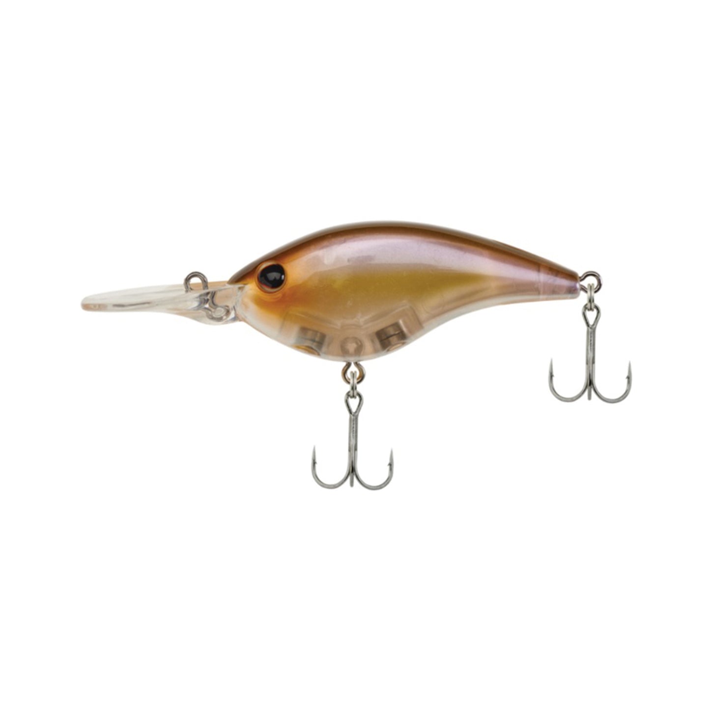 The Berkley Clickin' Frittside Crankbait features a brown, translucent body, two treble hooks, and a long clear plastic lip—ideal for diving in stained water.