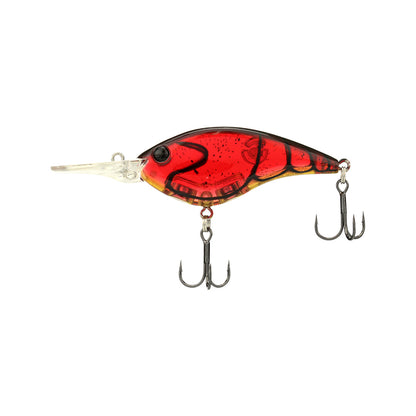 The Berkley Clickin' Frittside Crankbait features a red, fish-shaped design with black accents, a clear bill, and two treble hooks—ideal for dirty water fishing.