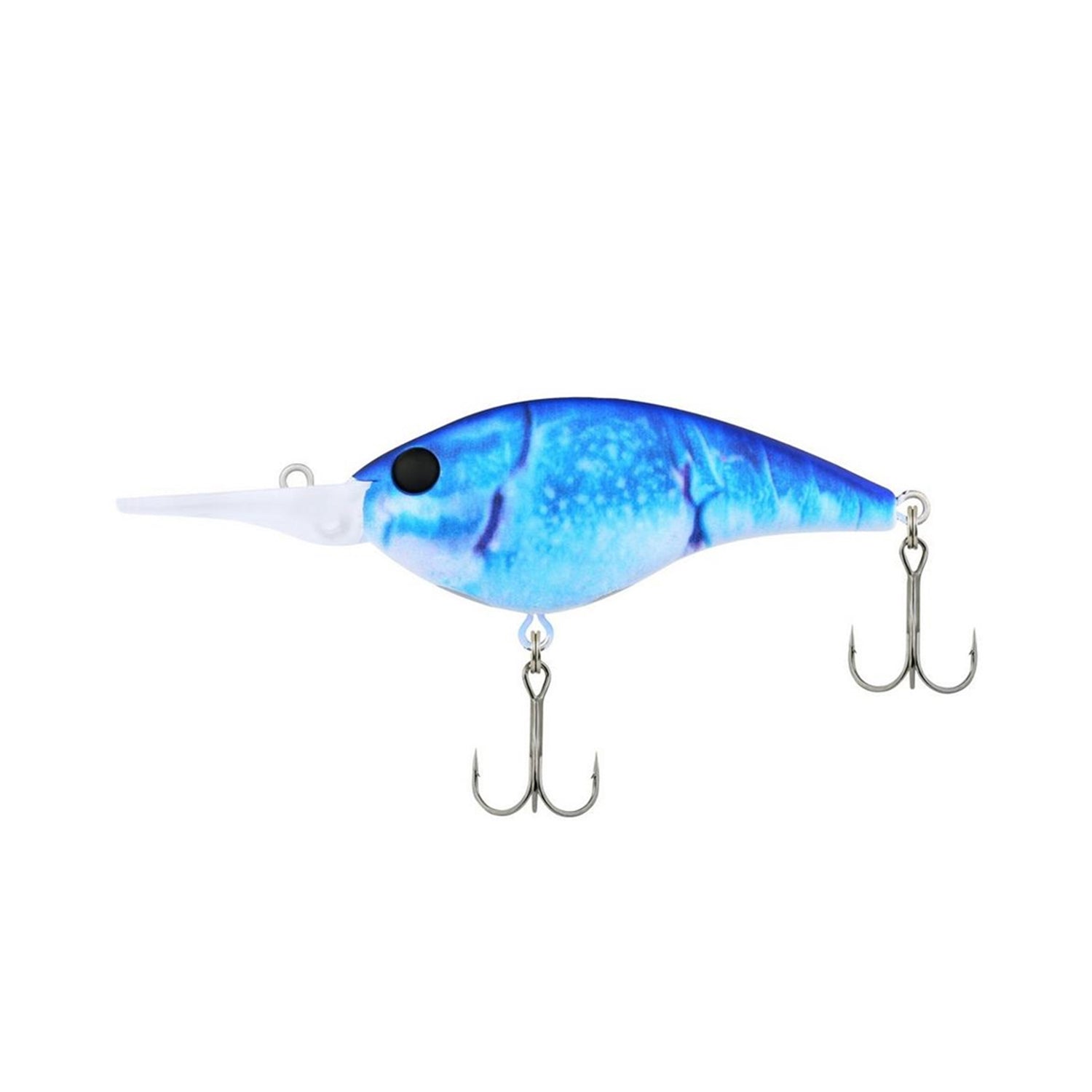 The Berkley Frittside 9 Crankbait by Berkley features a blue and white finish, black eye spot, long clear bill, and two treble hooks for classic balsa action crankbait performance.