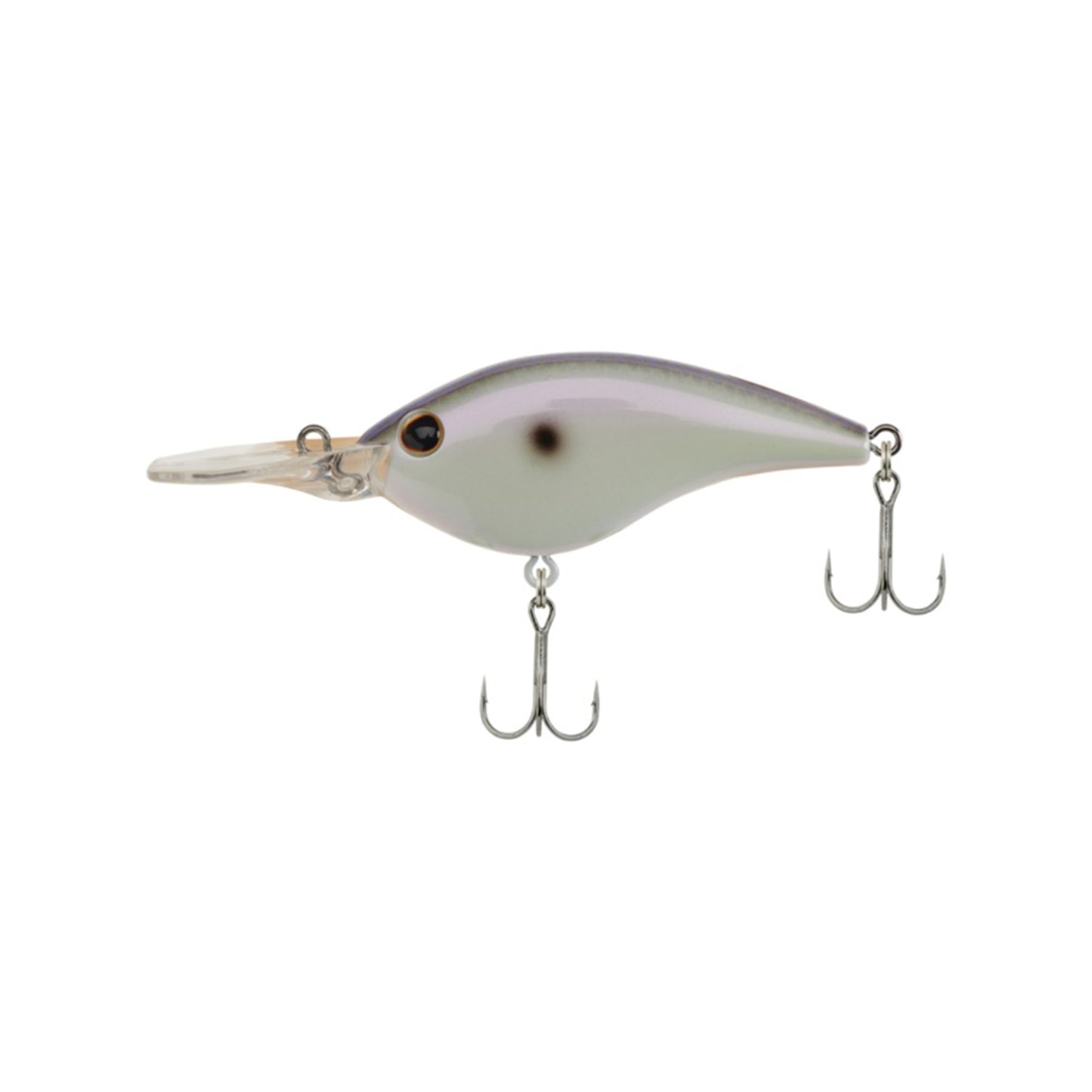 The Berkley Clickin' Frittside Crankbait features a shiny, silvery fish-shaped body with purple highlights, two treble hooks, a large plastic lip, and a dark head spot—perfect for dirty water fishing.