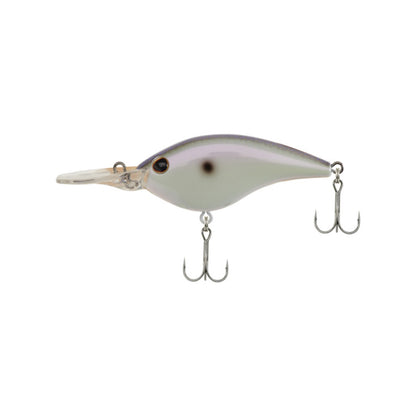 The Berkley Clickin' Frittside Crankbait features a shiny, silvery fish-shaped body with purple highlights, two treble hooks, a large plastic lip, and a dark head spot—perfect for dirty water fishing.