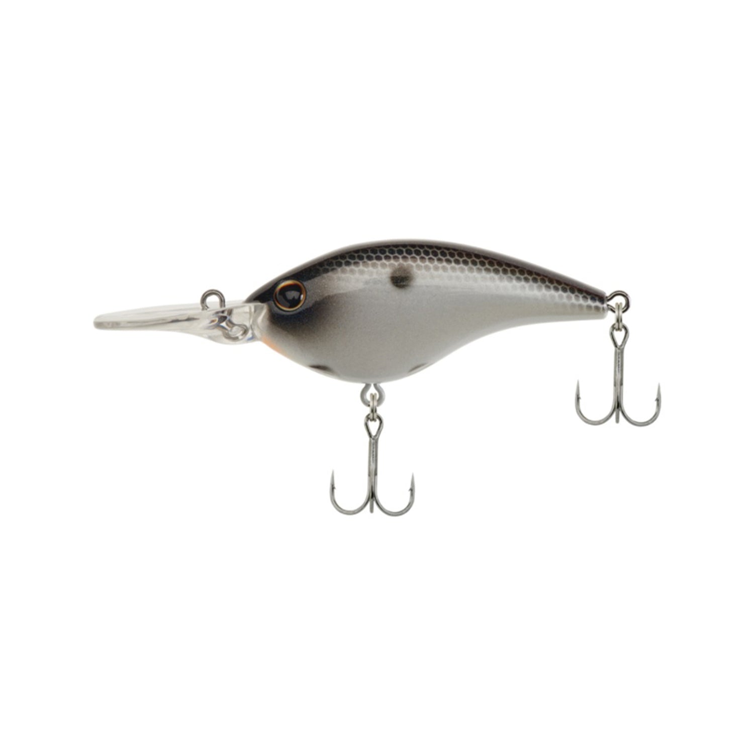 The Berkley Clickin' Frittside Crankbait by Berkley features a silver-gray body, lifelike balsa action, a pronounced front lip, and two treble hooks—ideal for dirty water fishing.