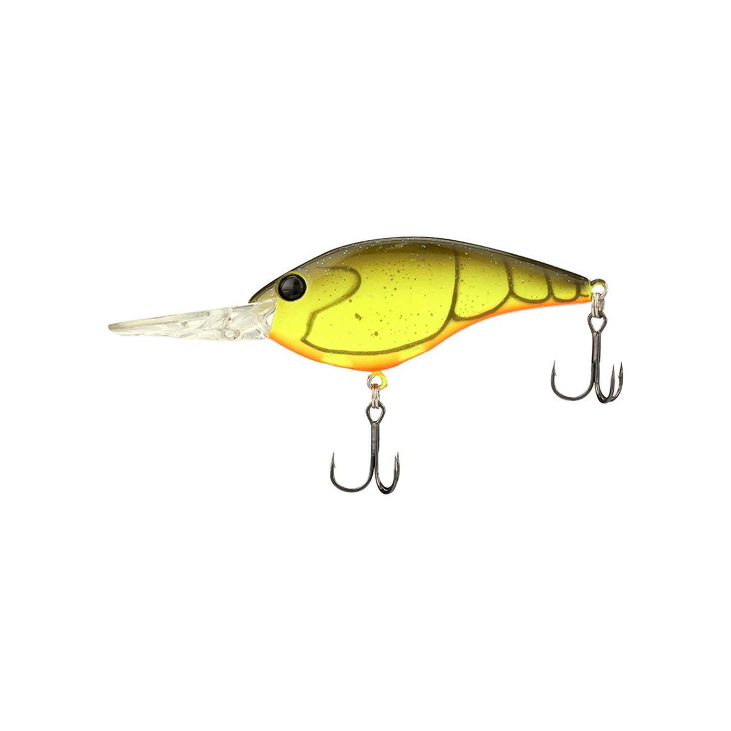The Berkley Clickin' Frittside Crankbait by Berkley is a yellow and green fish-shaped lure with two treble hooks and a clear plastic lip, ideal for stained water fishing, shown on a white background.