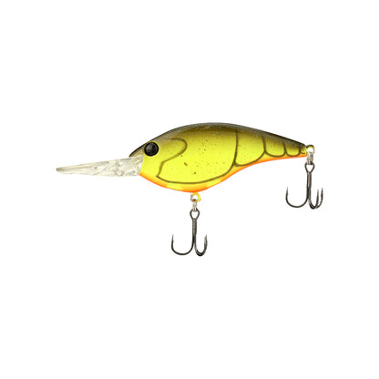 The Berkley Clickin' Frittside Crankbait by Berkley is a yellow and green fish-shaped lure with two treble hooks and a clear plastic lip, ideal for stained water fishing, shown on a white background.