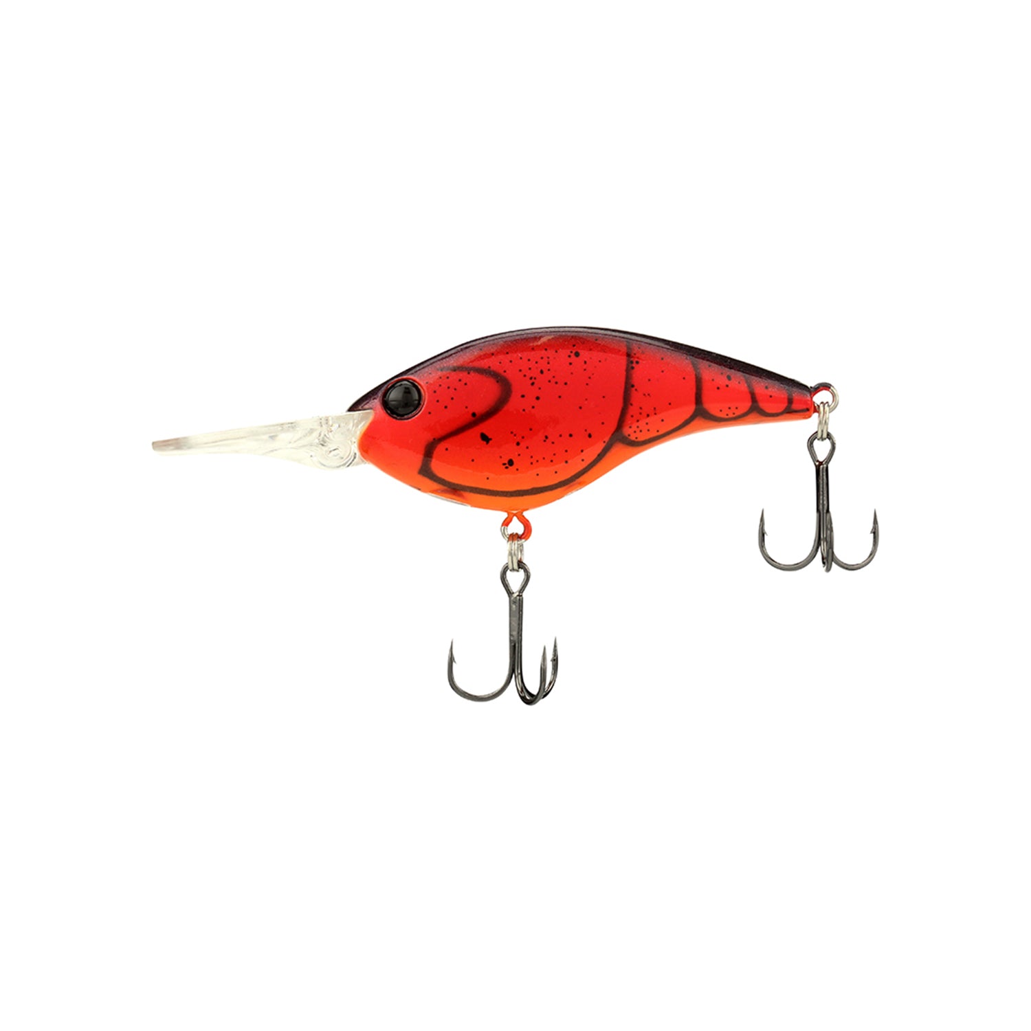 A red and black Berkley Clickin' Frittside Crankbait, featuring a clear bill and two metal treble hooks, delivers balsa-like action. This Berkley lure is shown isolated on a white background.