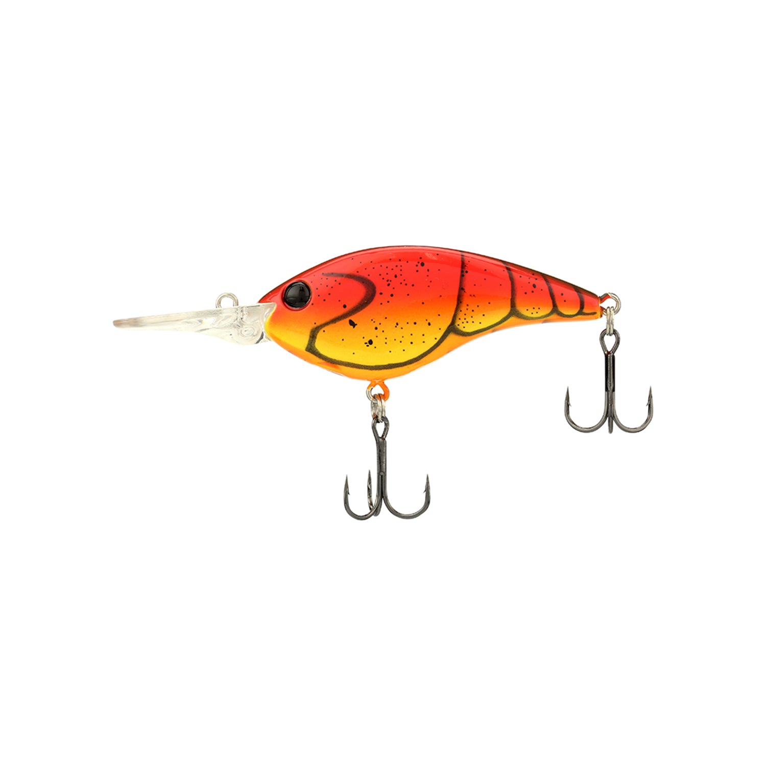 The Berkley Clickin' Frittside Crankbait features a vibrant red and yellow body with black stripes, a long clear bill, and two treble hooks, making it ideal for fishing in stained water.