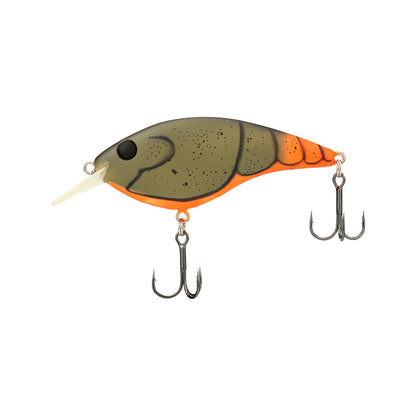 The Berkley Clickin' Frittside Crankbait by Berkley features a green and orange body with black spots, two treble hooks, and a clear plastic lip—ideal for stained water fishing.