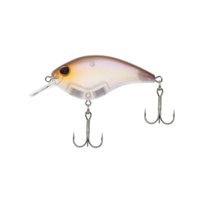 The Berkley Clickin' Frittside Crankbait by Berkley is ideal for stained water, featuring a translucent brown-to-purple gradient body, a small front lip, and two metal treble hooks on the underside and tail.
