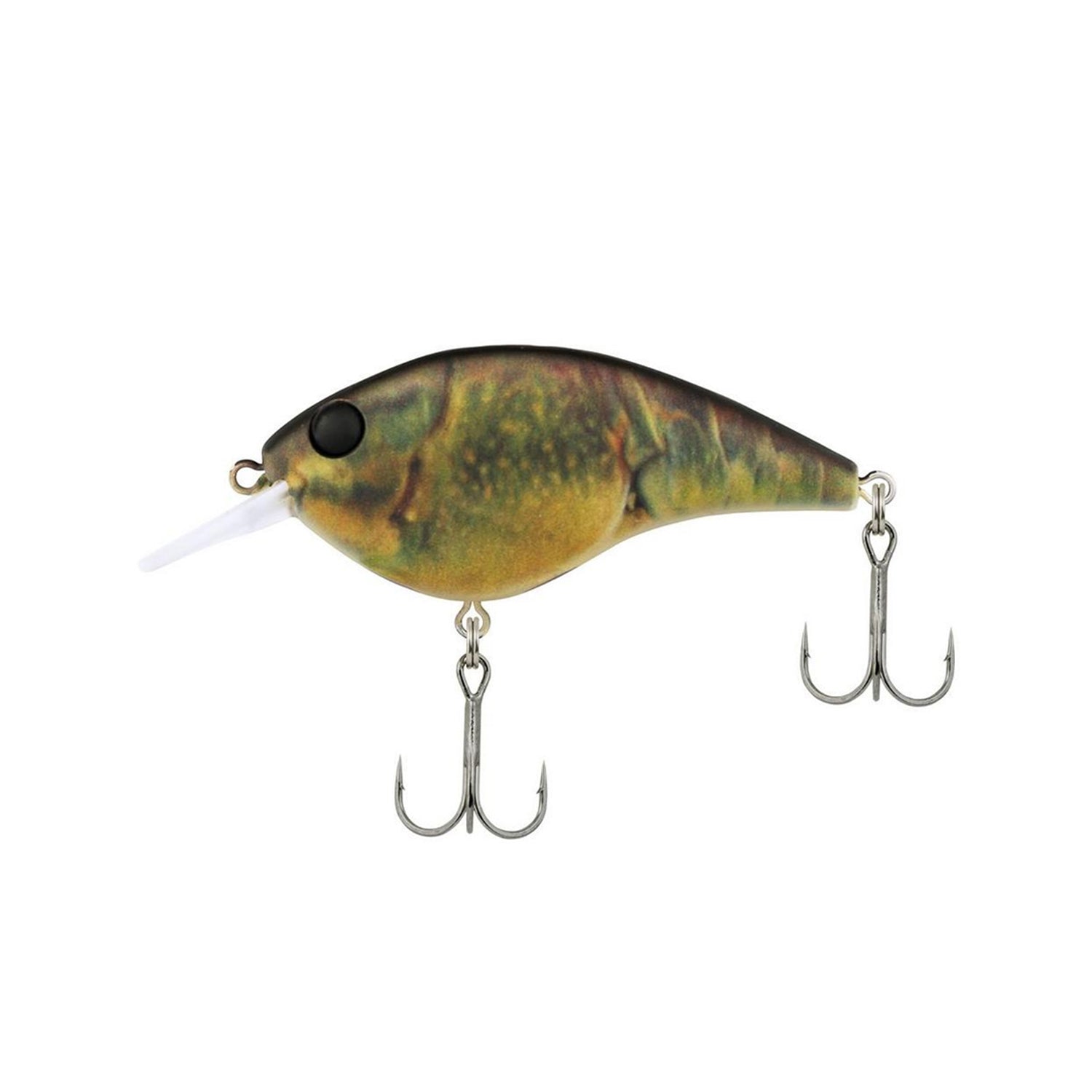 The Berkley Frittside 5 Jr. Crankbait by Berkley features a green and yellow realistic fish design, black eye, two treble hooks, and mimics balsa action for effective bass strikes.