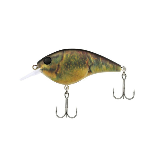 The Berkley Frittside 5 Jr. Crankbait by Berkley features a green and yellow realistic fish design, black eye, two treble hooks, and mimics balsa action for effective bass strikes.