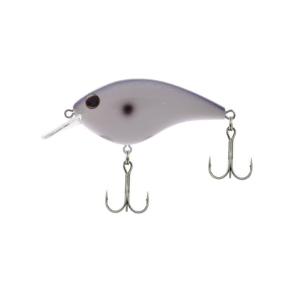 The Berkley Clickin' Frittside Crankbait by Berkley, shown in purple and white with two treble hooks and a clear plastic lip, is ideal for dirty water fishing and displayed isolated on a white background.