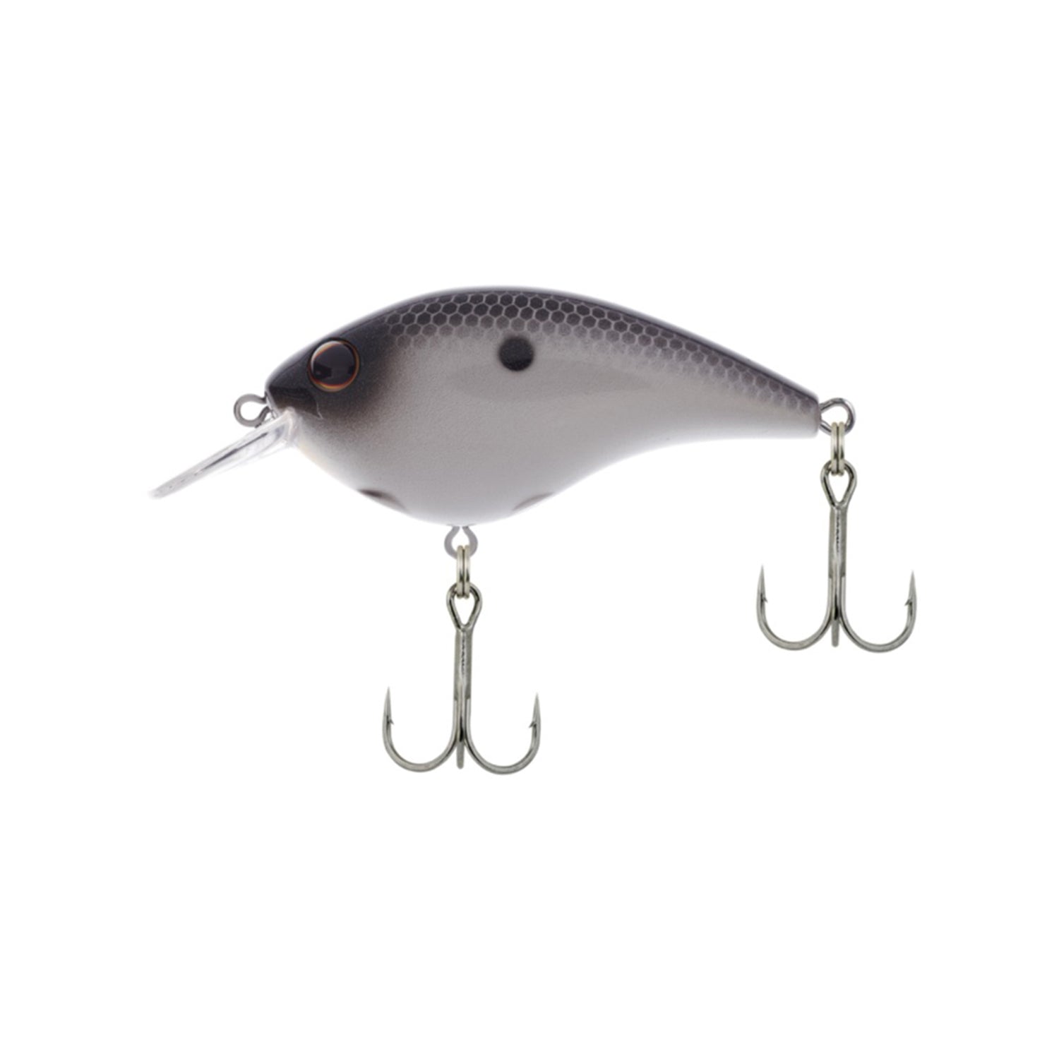 The Berkley Clickin' Frittside Crankbait by Berkley is a gray and black fish-shaped lure with two treble hooks and a clear lip, ideal for stained water fishing. Isolated on a white background.