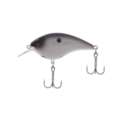The Berkley Clickin' Frittside Crankbait by Berkley is a gray and black fish-shaped lure with two treble hooks and a clear lip, ideal for stained water fishing. Isolated on a white background.