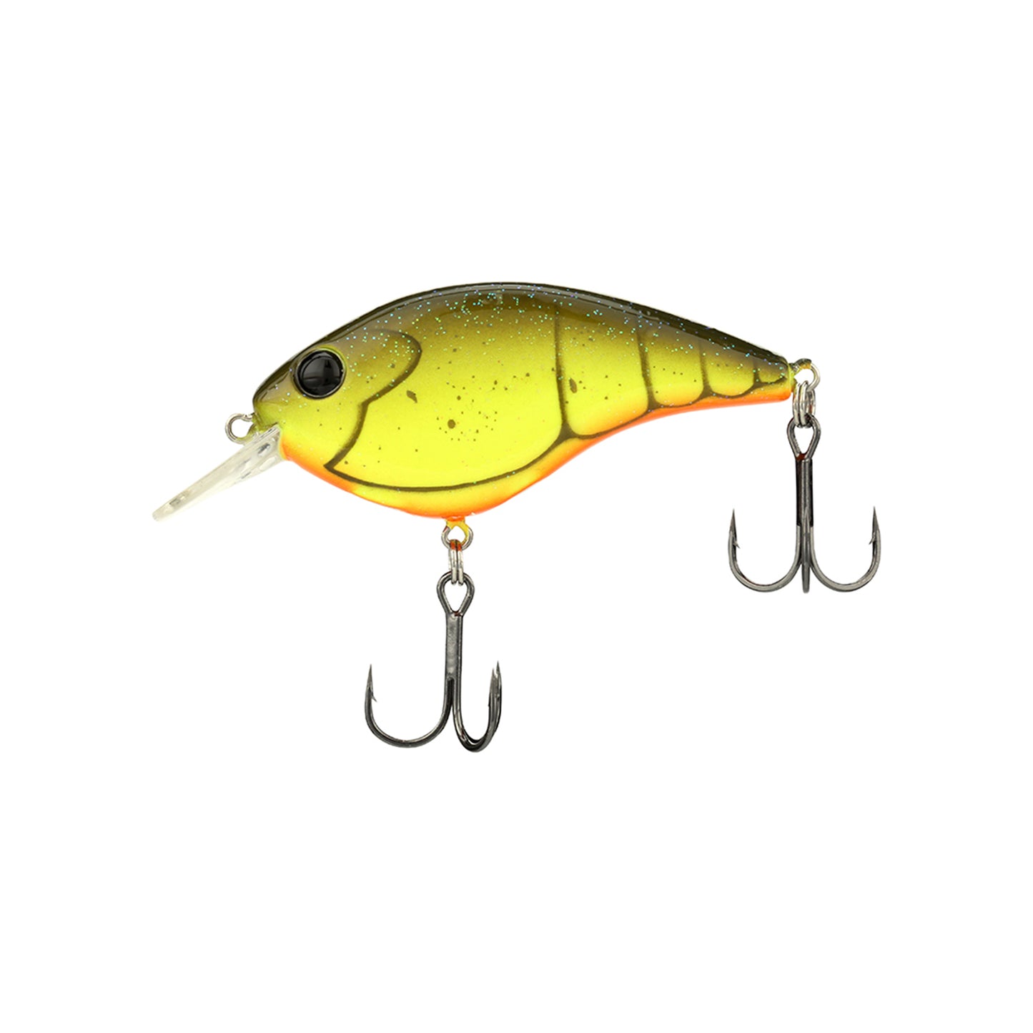 A Berkley Clickin' Frittside Crankbait by Berkley, featuring a yellow and green fish-shaped body, two treble hooks, black eyes, and an orange underside—ideal for stained water fishing—shown on a white background.
