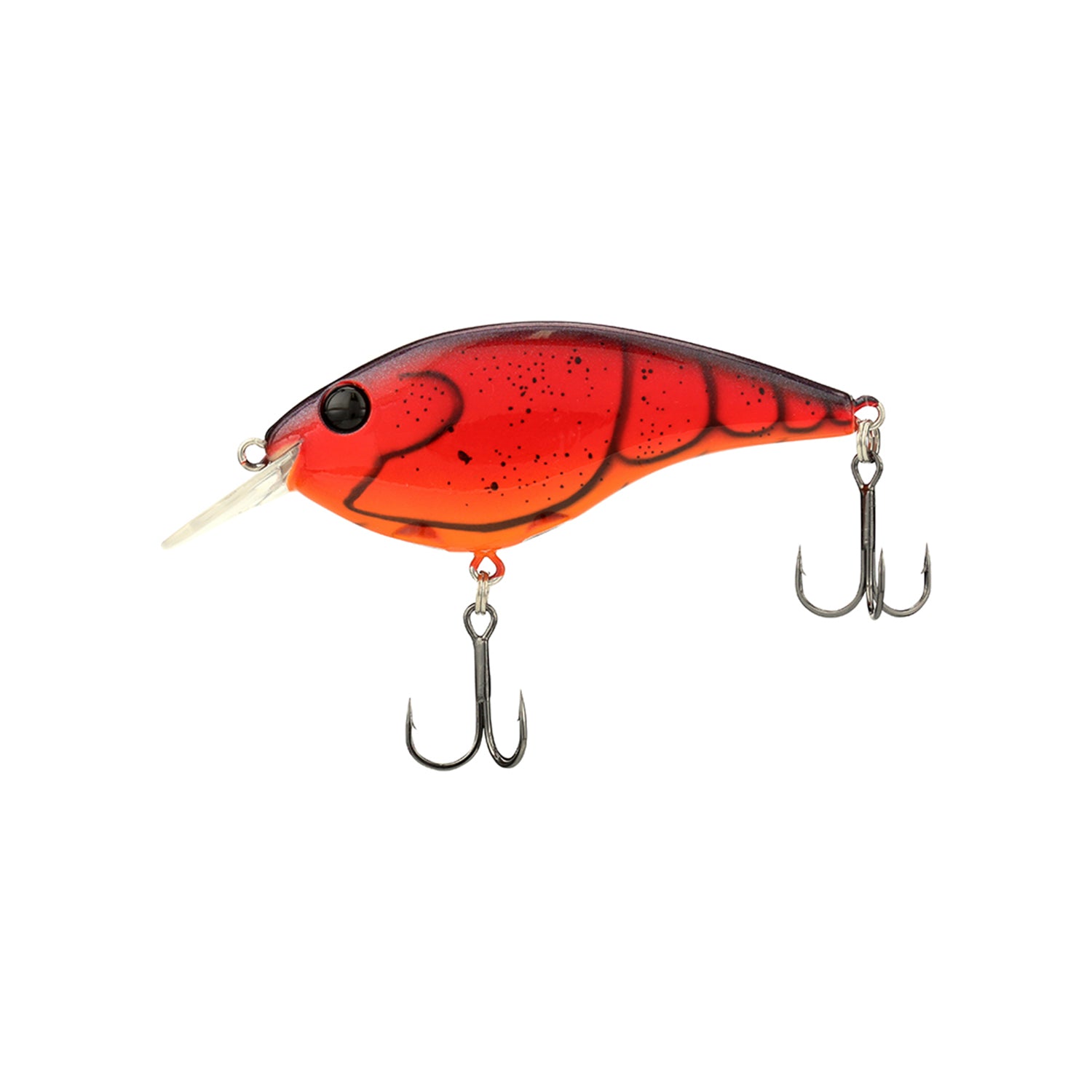 The Berkley Clickin' Frittside Crankbait by Berkley is a red and black, fish-shaped lure with balsa-like action, two treble hooks, and a clear lip for diving—perfect for stained water fishing.