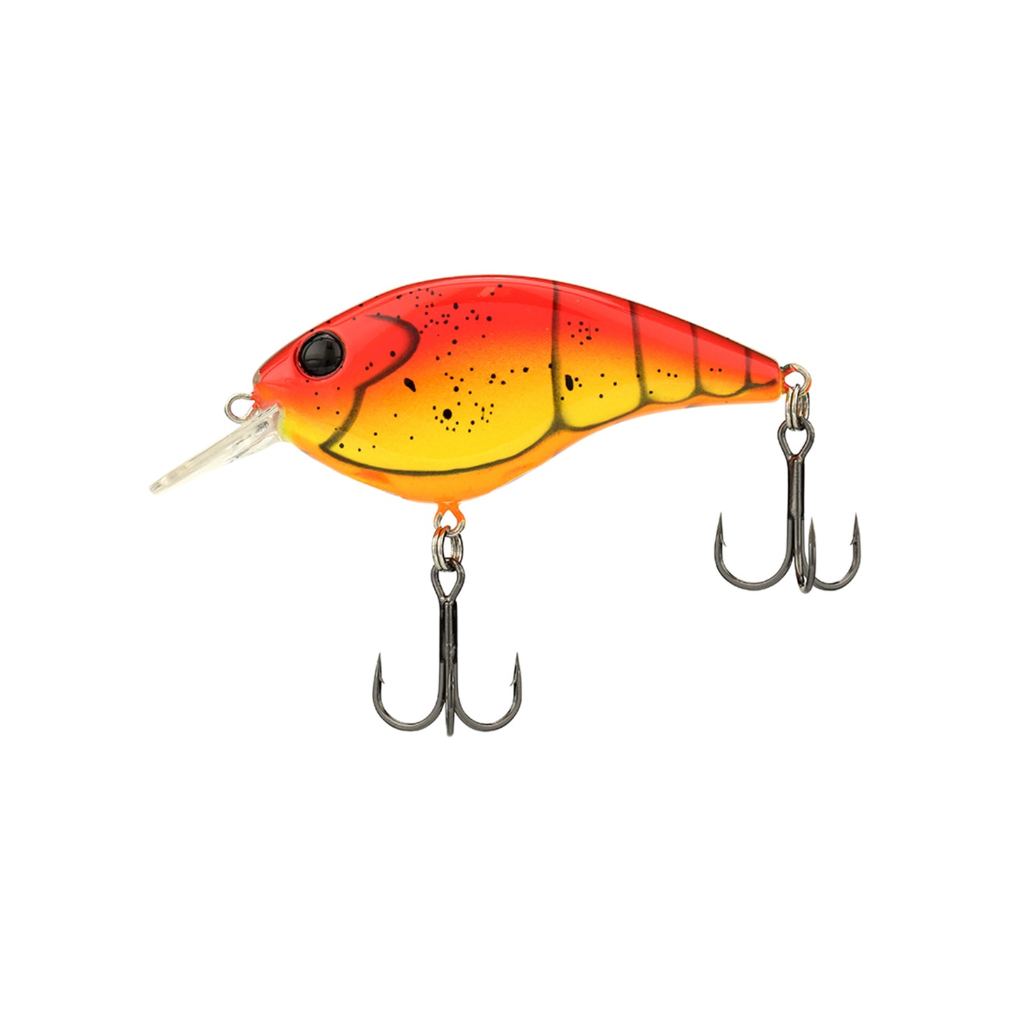 The Berkley Clickin' Frittside Crankbait, from Berkley, is a vibrant fish-shaped lure with a red and orange body, black spots, balsa-like action, black eye, and two treble hooks—one underneath and one at the tail.