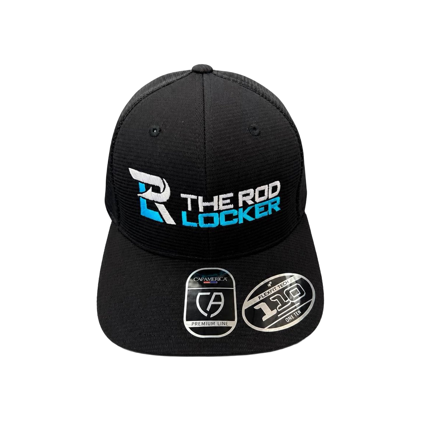The Rod Locker Block Logo Flexfit Snapback Hat Black Black Mesh