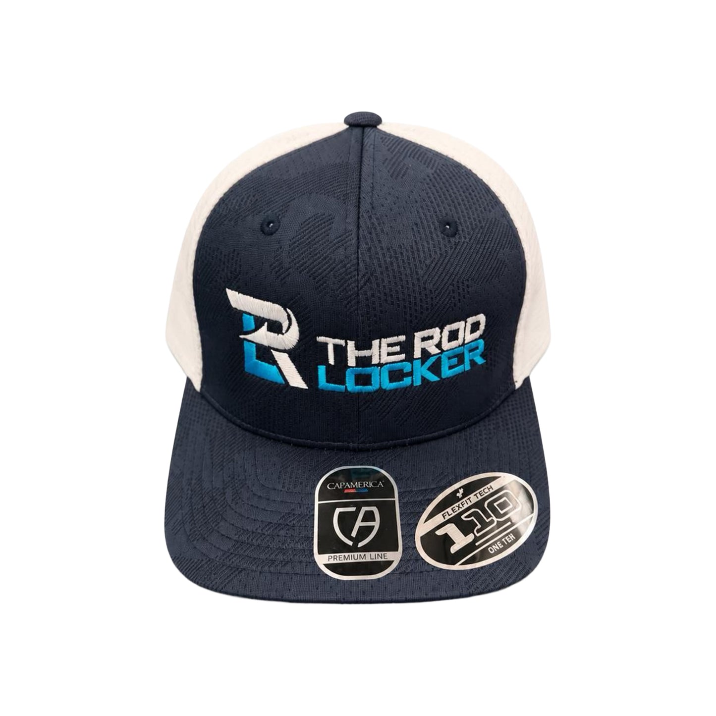The Rod Locker Block Logo Flexfit Snapback Hat Navy Blue White Mesh