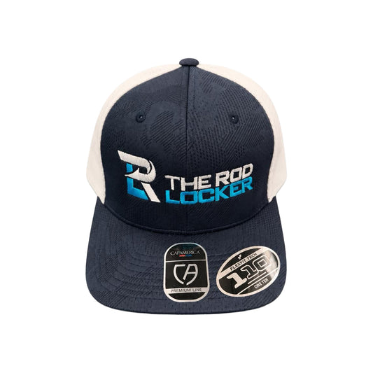 The Rod Locker Block Logo Flexfit Snapback Hat Navy Blue White Mesh