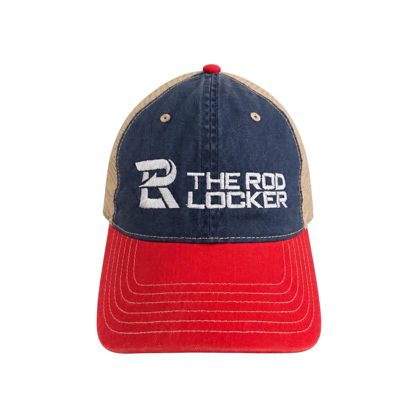 The Rod Locker Block Logo Low Profile Snapback Hat Blue Red Tan Mesh