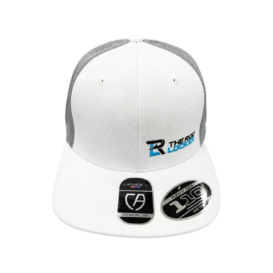 The Rod Locker Block Side Logo Flexfit Snapback Hat White Grey Mesh